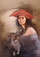 Dziewczyna z kotem, olej na płycie, 70x50cm